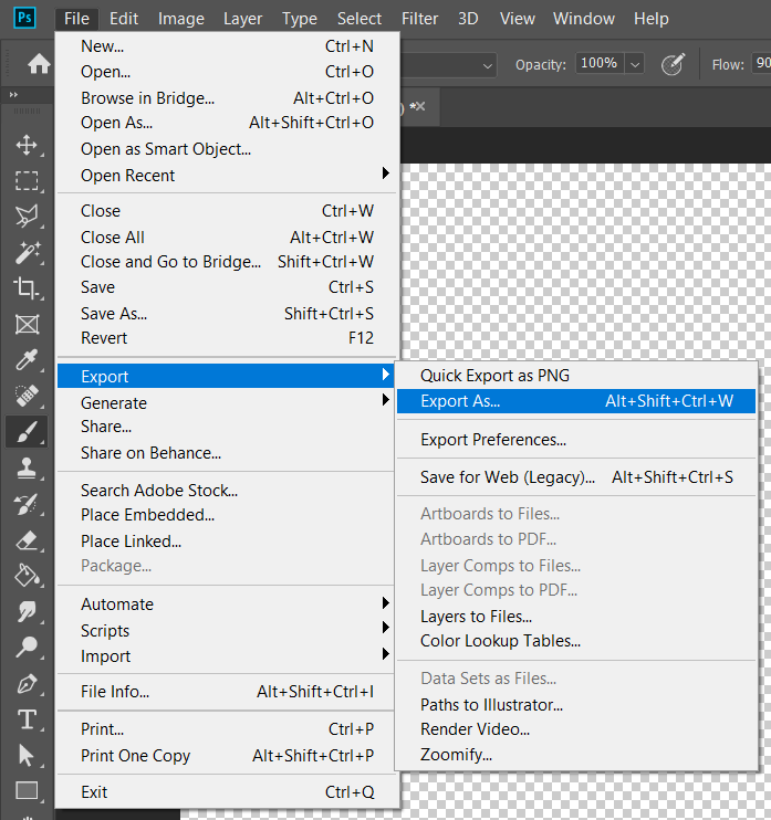 File -> Export -> Save for Web (Legacy)
