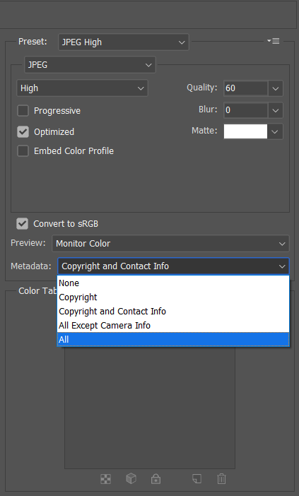 Select All under Metadata