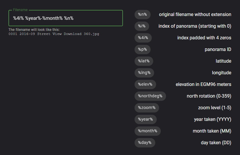 Street View Download 360 Filename Tokens