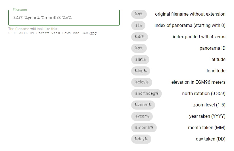 Street View Download 360 Filename Tokens